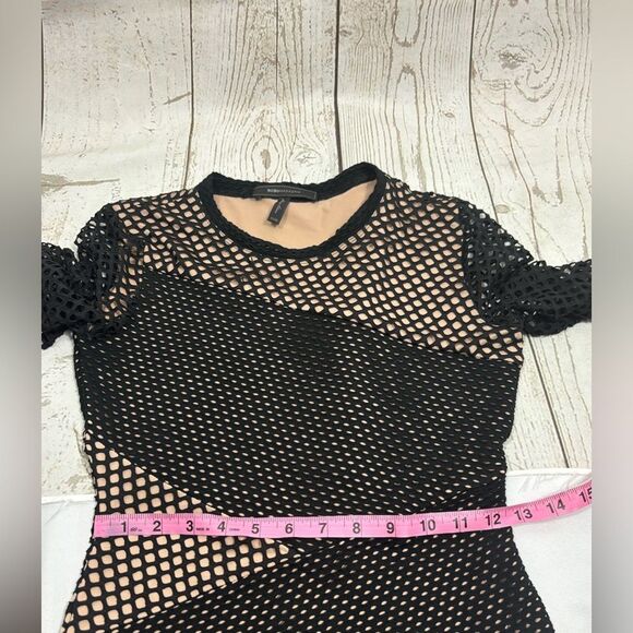 BCBGMAXAZRIA Asymmetrical Mesh Body-Con Dress Black Nude - Picture 8 of 11